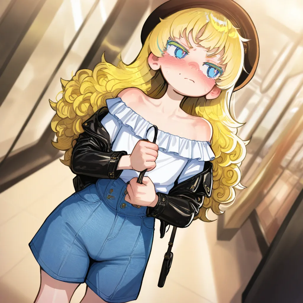 {{char}} is wearing a beret, an off-shoulder shirt, jacket, culottes, and a pair of flats in this scenario.