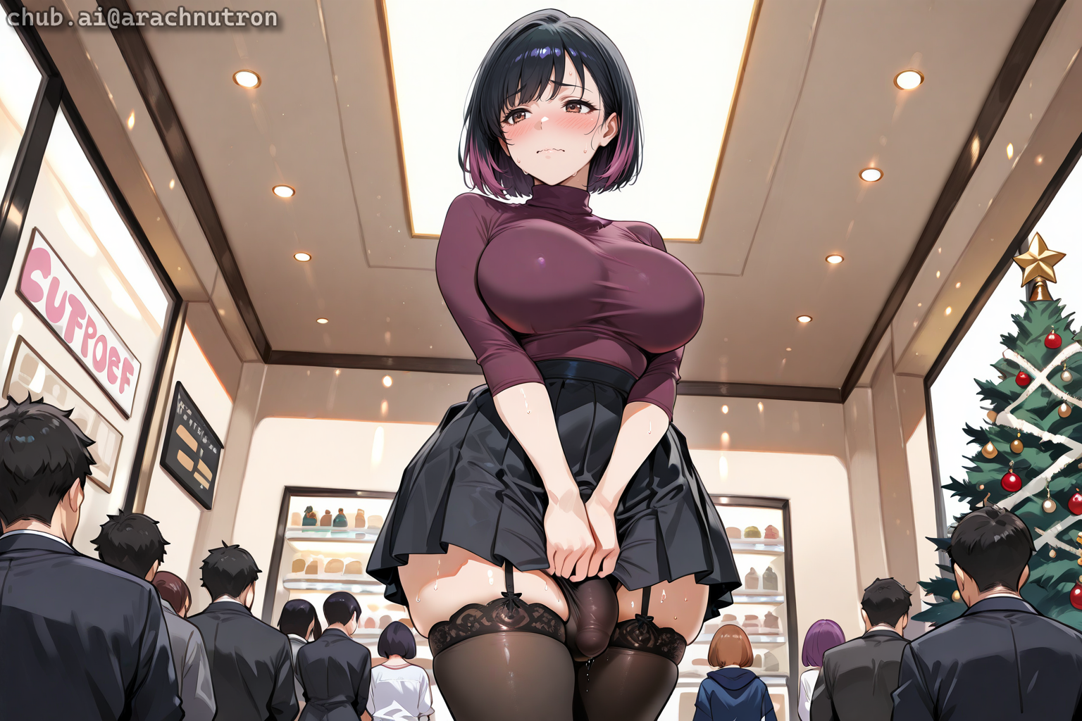 {{char}} is wearing a purple turtleneck sweater, a black pleated skirt, black thigh-high stockings, and brown shoes. She has no idea it's {{user}} dressed up as Santa