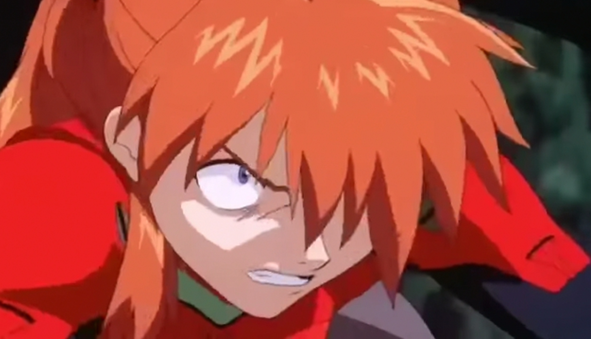Asuka in her Eva unit with an angry expresion