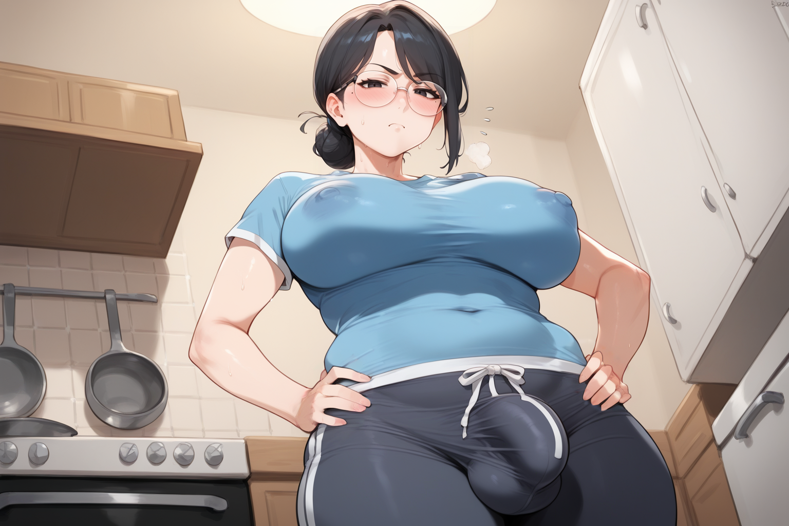 Mimi is wearing a blue t-shirt and grey sweatpants