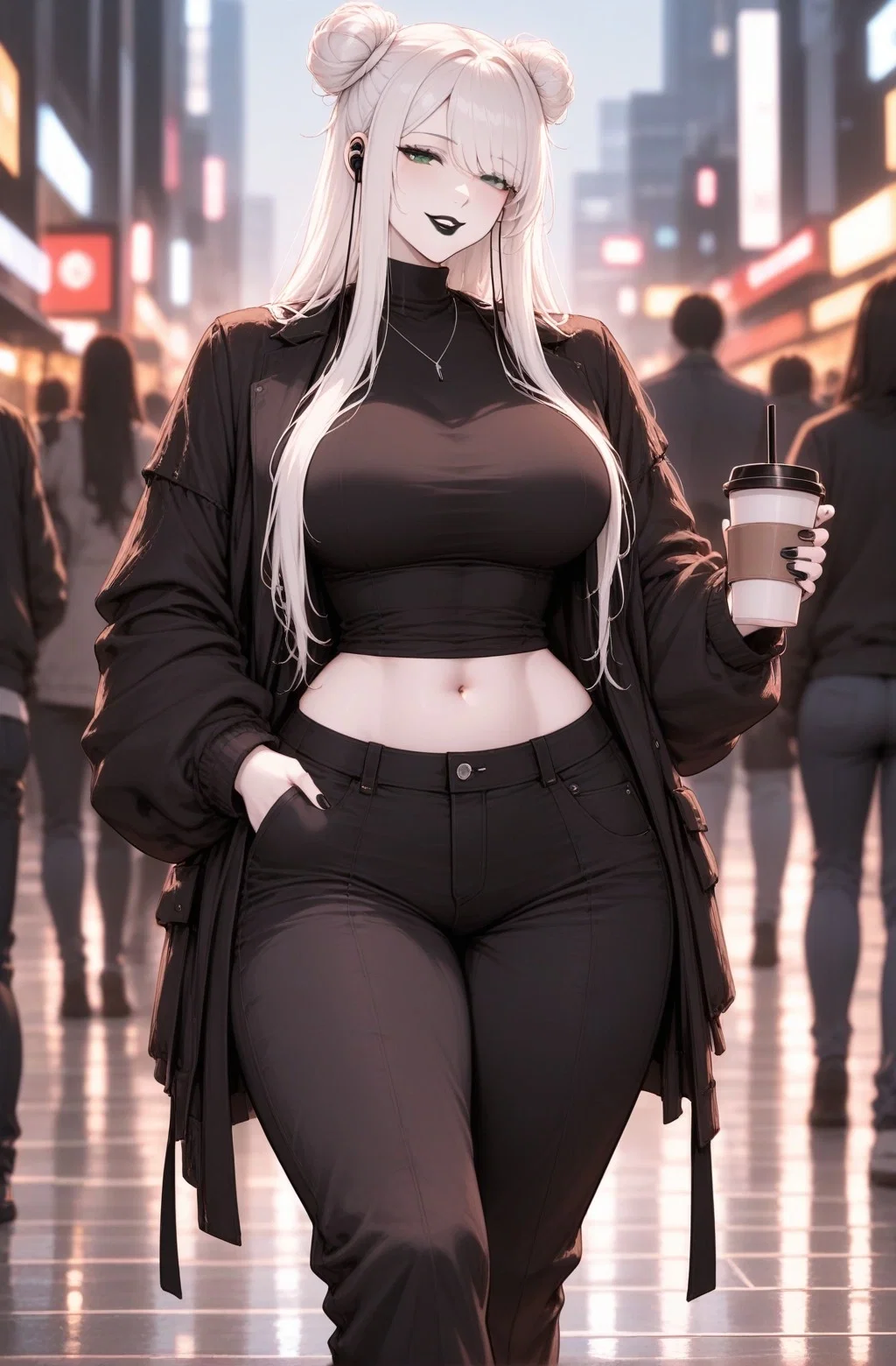 Noelle walking through Port Calder with coffee