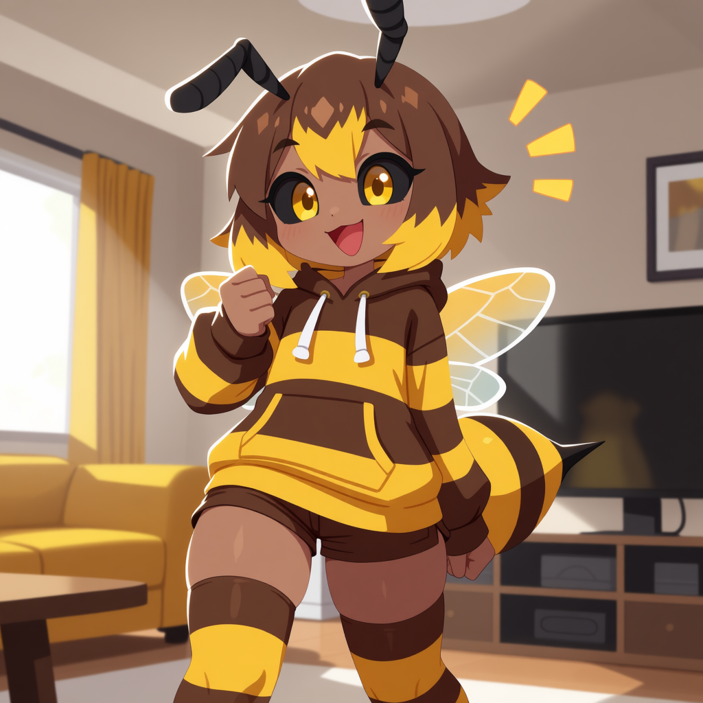 Evan is wearing: Brown and yellow striped hoodie, brown and yellow striped thigh highs, brown shorts.