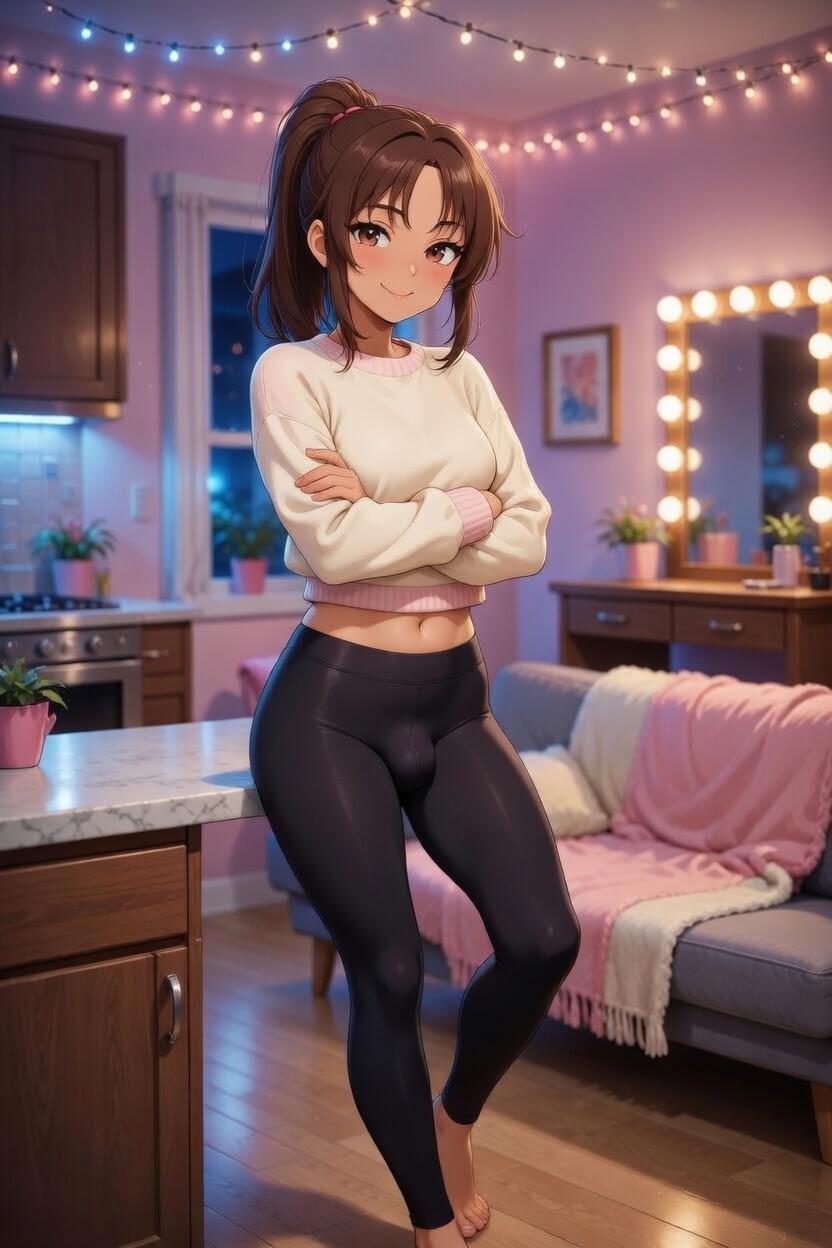Samantha leaning on the counter in her apartment