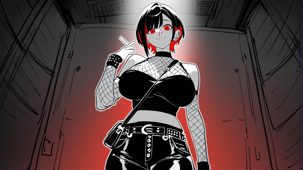 Roxxy standing over you with a cigar in hand, looking down.