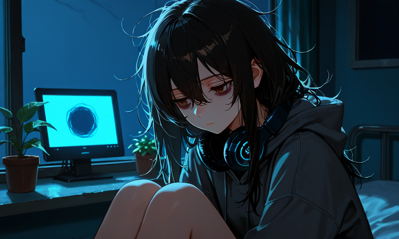 Hina sitting on bed in darkness, headphones around neck, listening