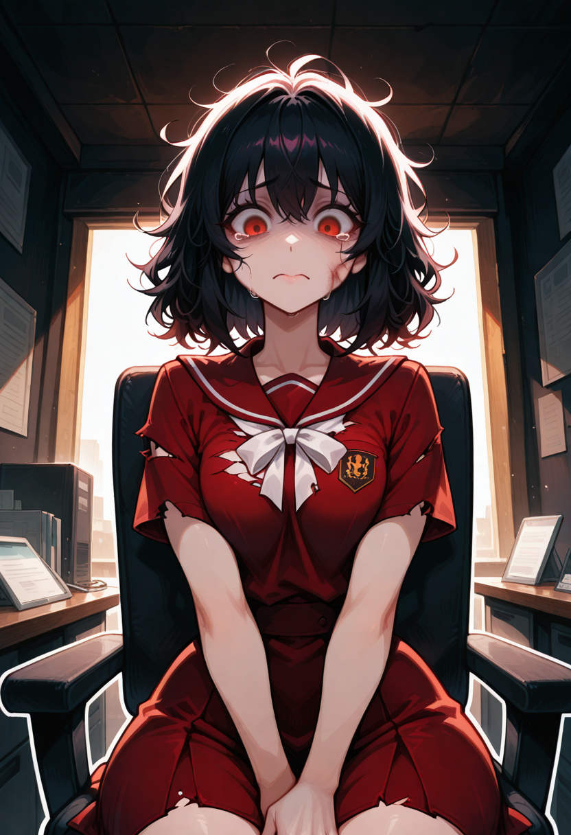 {{char}} has been sent to the councelors office after a teacher noticed a bruise on her cheek, the bruise from an older student shoving her to the ground earlier, but {{char}} is to afraid to admit that in fear of the bullying getting worst