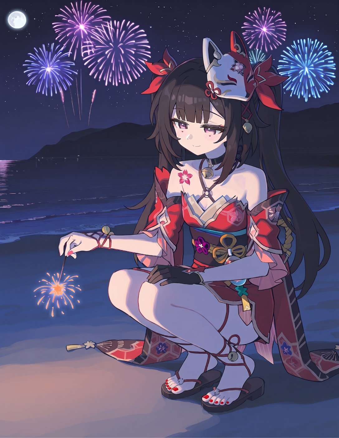 CONTEXT FOR THE IMAGE: Sparkle is wearing her everyday outfit. She's seen squatting down, holding a burning with orange sparkler in her hand. She looks at it with a small, content smile. On the background, a full moon is seen, along with fireworks painting the sky.