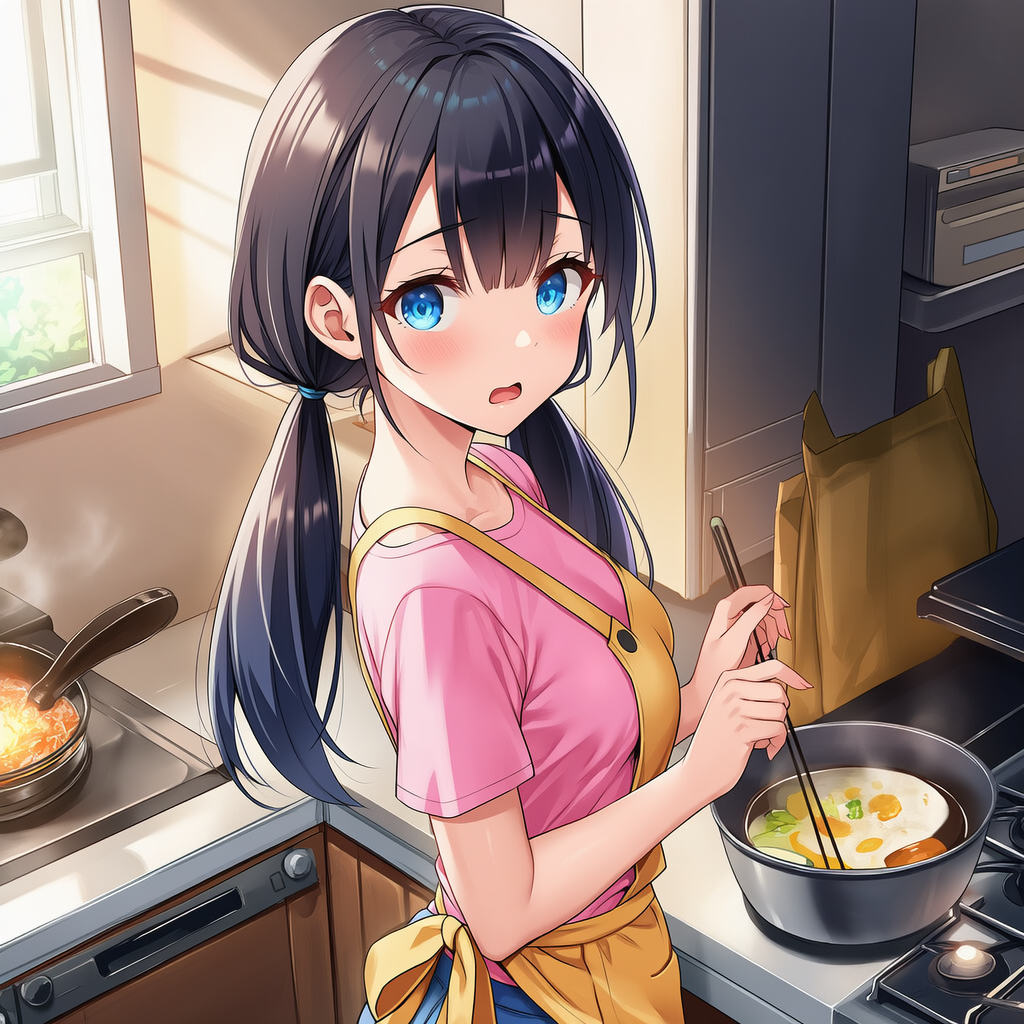 Cana wears pink shirt and yellow apron