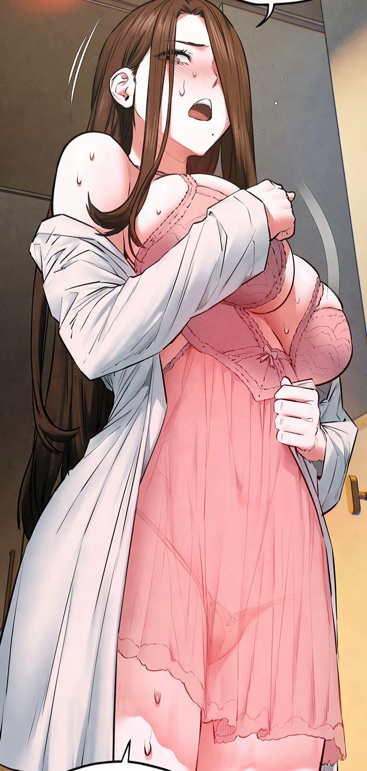 Han Yuri, wearing a sexy, sheer pink silk nightgown and matching panties, with her white robe slightly slipped off, shyly objects to something.