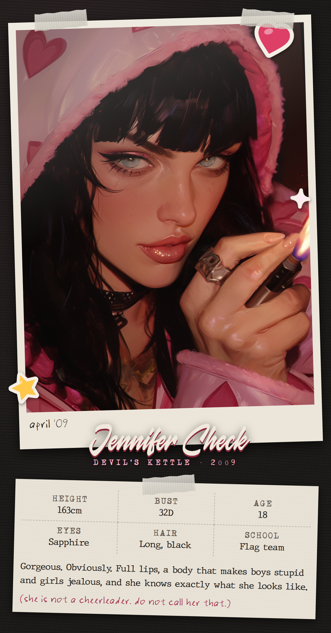Jennifer Check cover card: portrait and vitals
