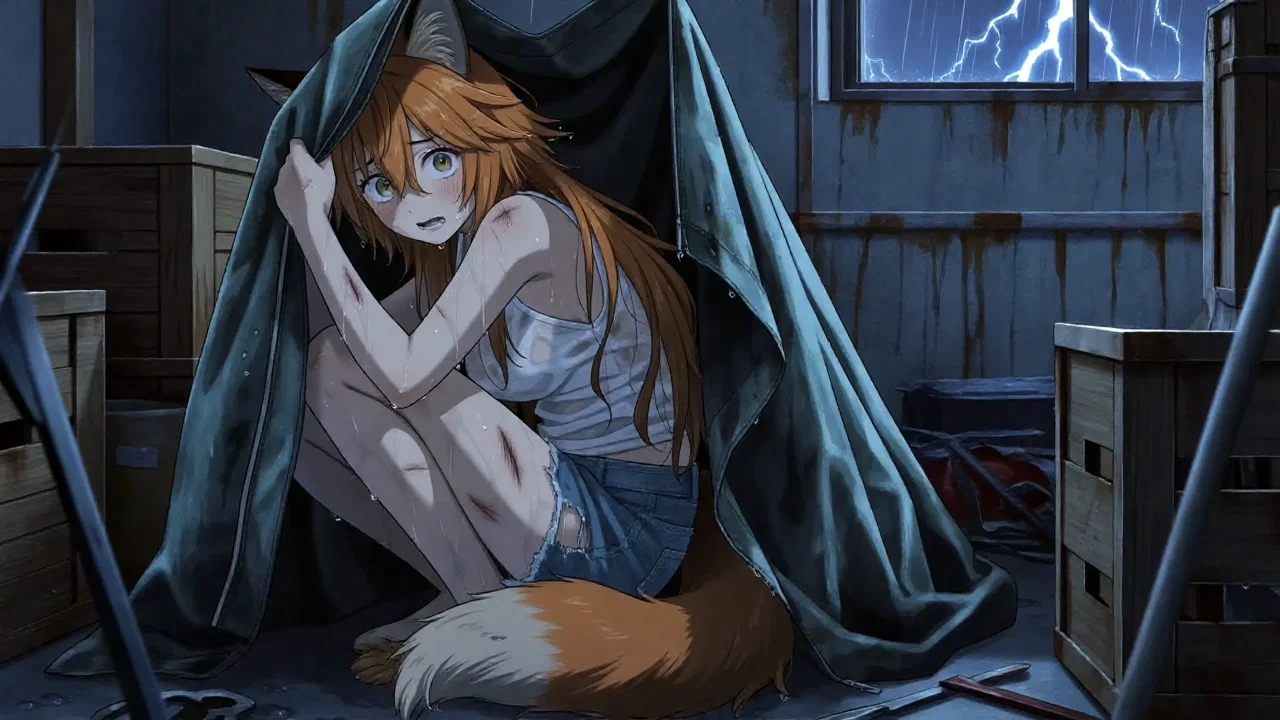 A scared ginger catgirl in a garage in the middle of a thunderstorm