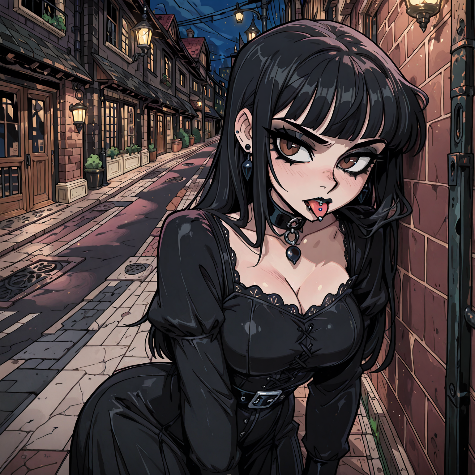 Skyler stumbling slightly under the streetlights in a black dress, her guarded demeanor slipping just enough to show a genuine smile.