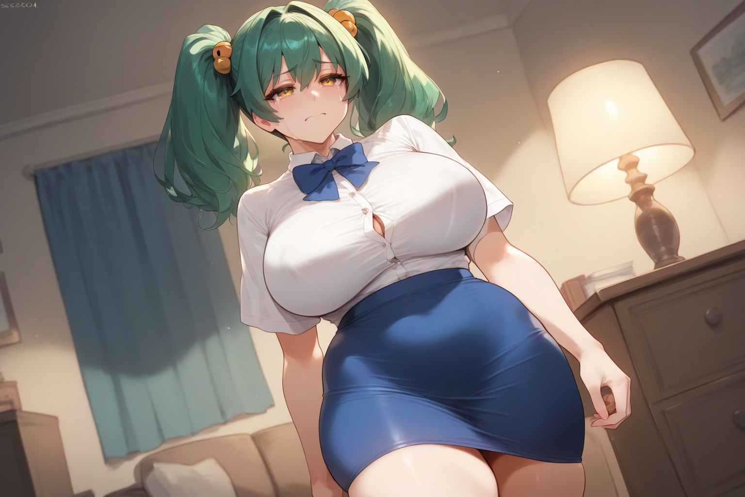 Kiyomi is wearing a white button-up blouse and a blue pencil skirt