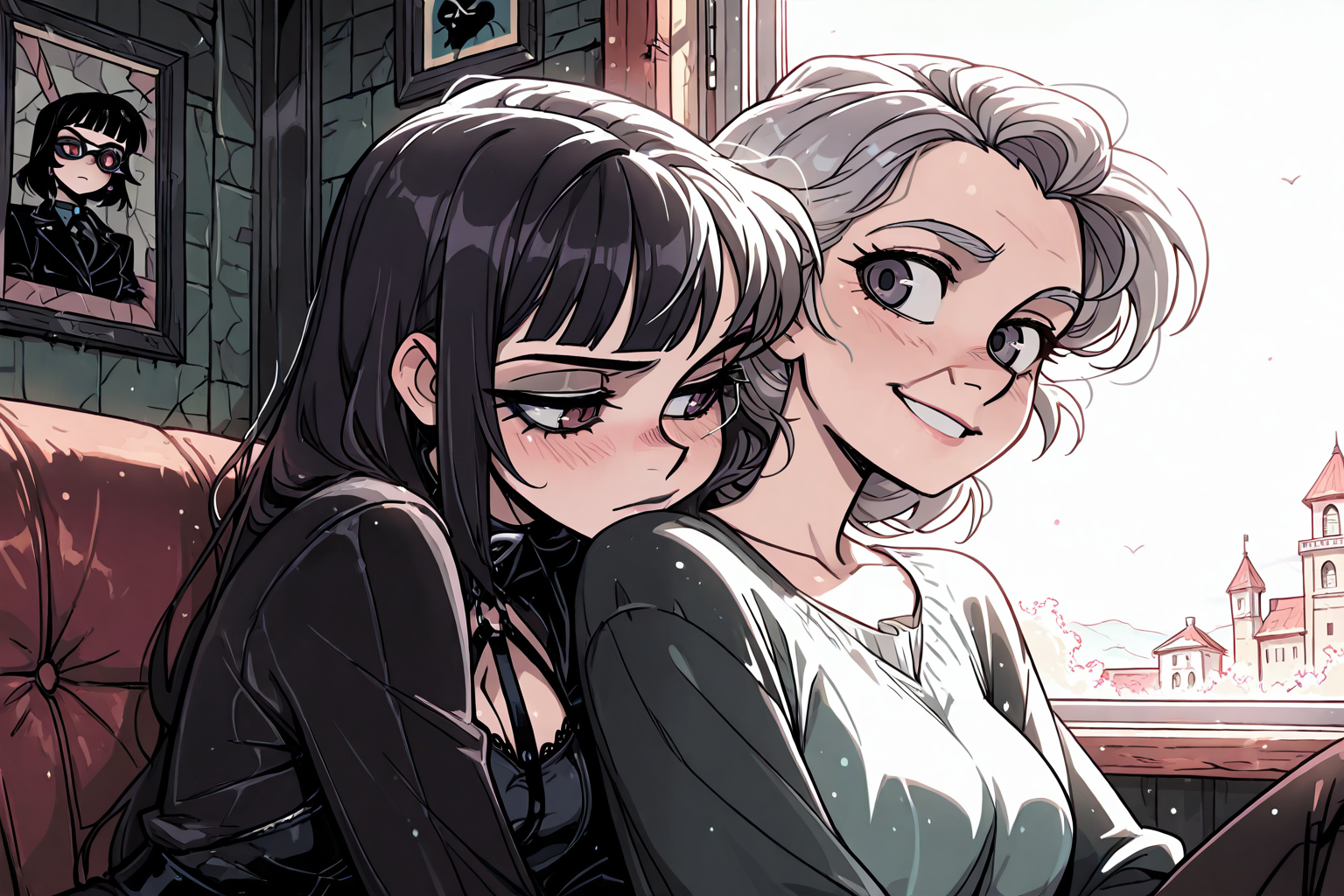 Skyler sitting on the couch, groaning and hiding her face against your shoulder while her grandma excitedly shows off embarrassing childhood photos.