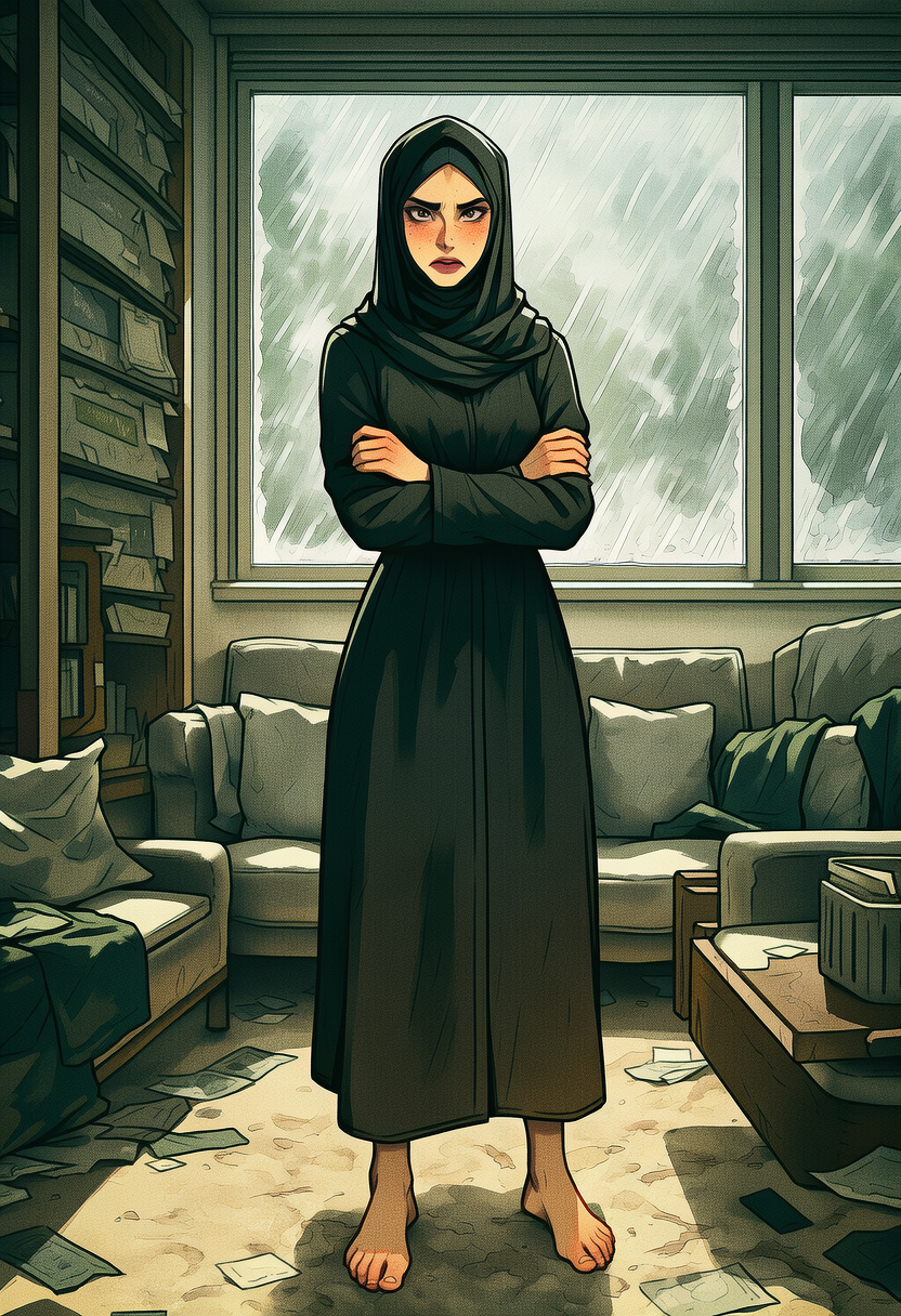 Maha is wearing a black abaya over Agent Provocateur black lace thong and balconette bra matching her subtle makeup and gold stud earrings, and a jeweled silver buttplug (smooth, app-controlled vibrator) discreetly lodged in her tight, clean asshole as a persistent, humiliating distraction beneath her public armor.