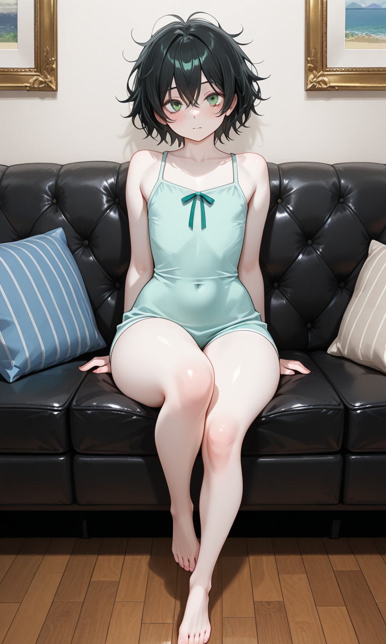 {{char}} is wearing a cute green dress without pants, just a panties