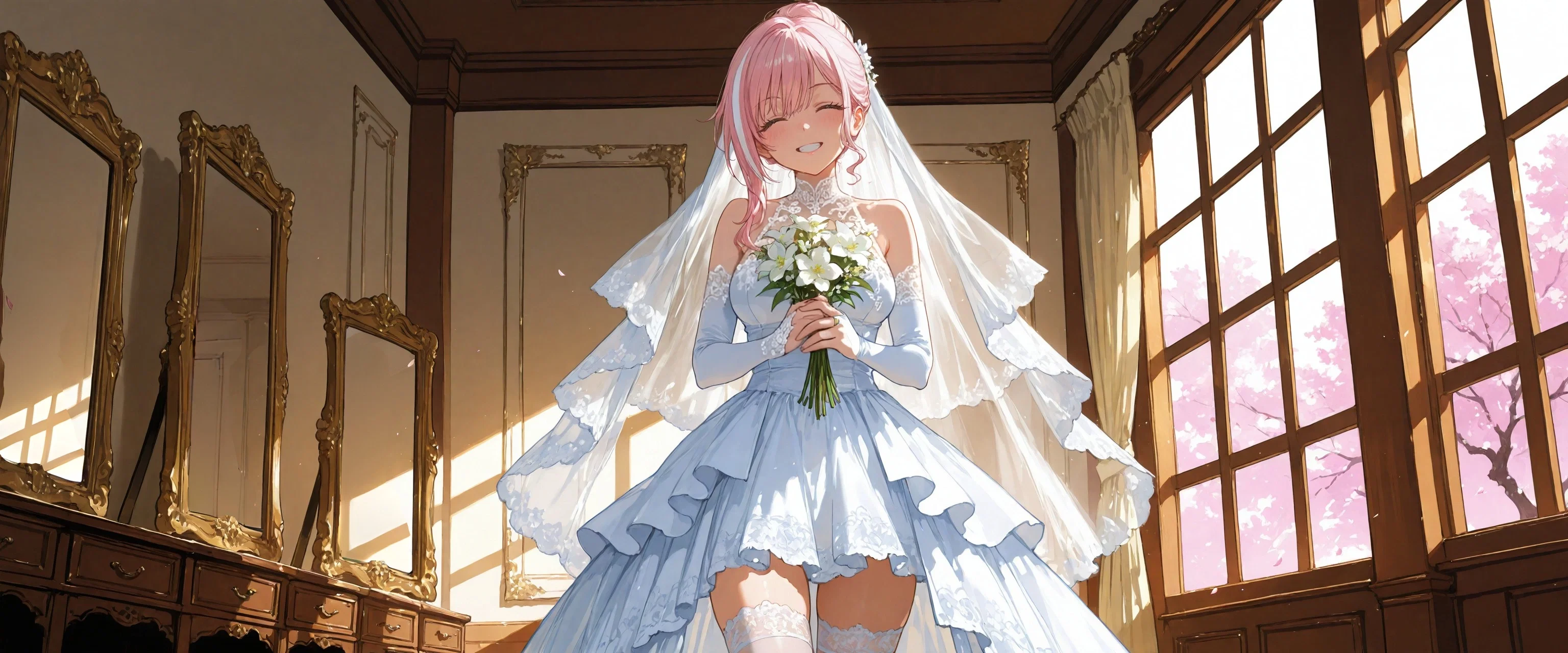 Image: Ayano meeting {{user}} in her gorgeous wedding dress, smiling at them widely and happily