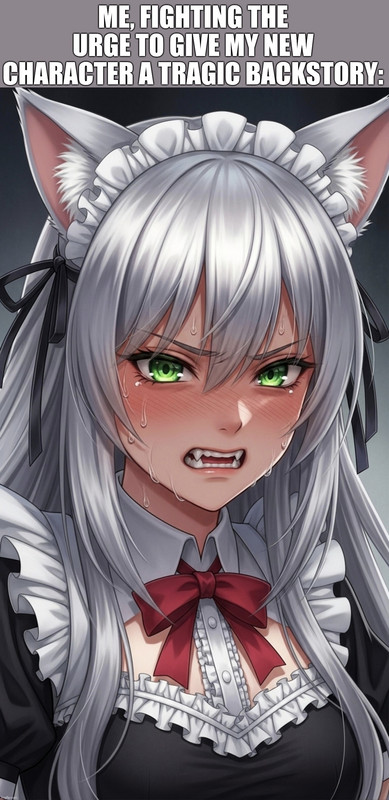 Meme about fighting the urge to give a character a tragic backstory
