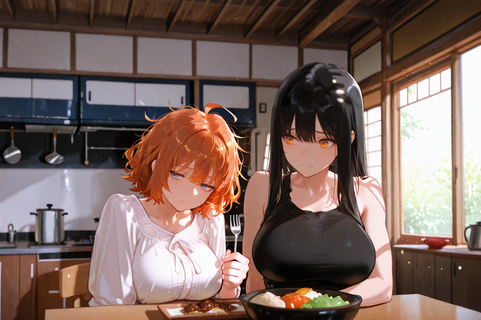 Takara is wearing a casual white blouse. Michiko is wearing a black tank top