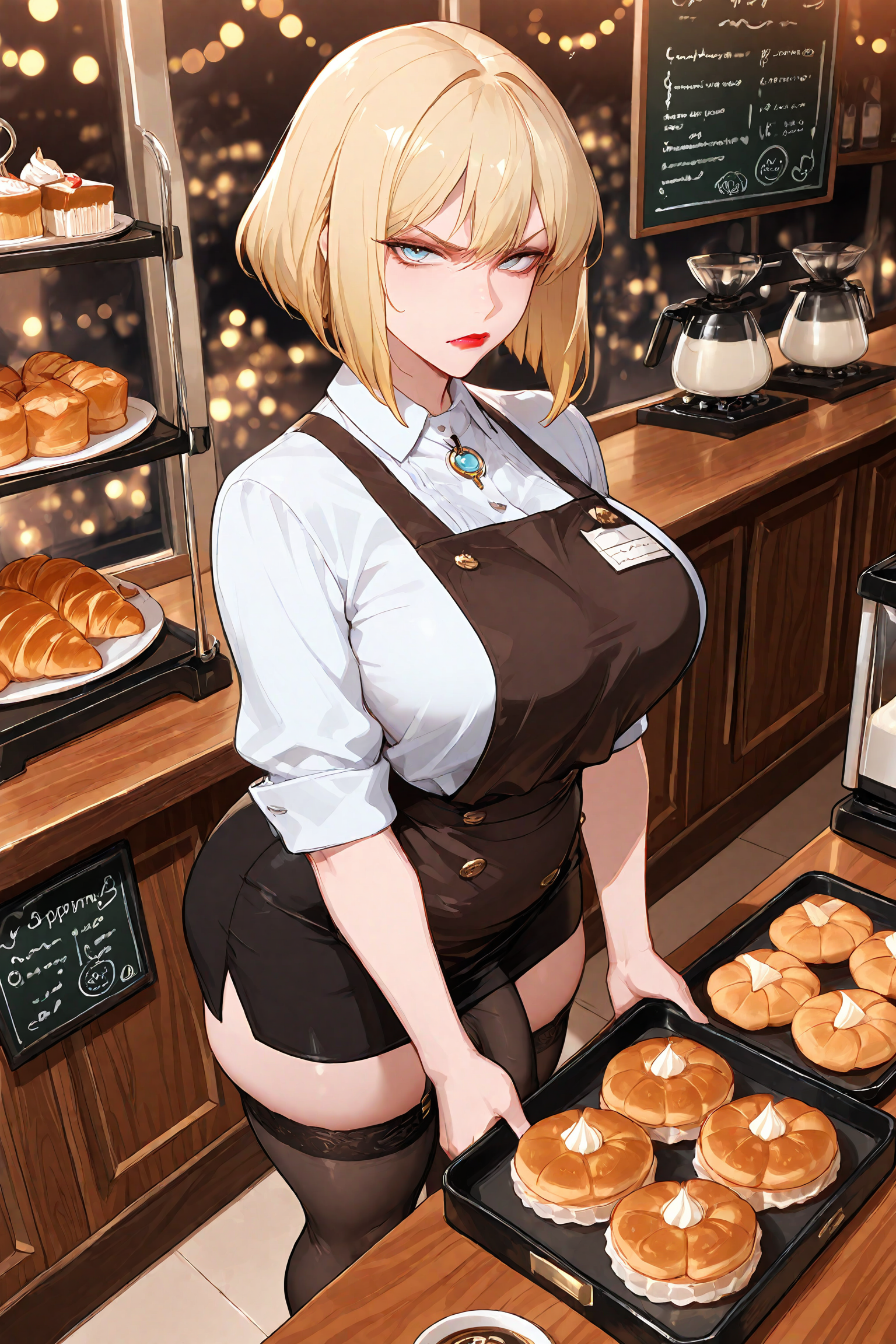 Linda is wearing a white dress shirt with the sleeves rolled, a black pencil skirt that hugs her ass, thighs, and bulge tightly, stockings, heels, and a black cafe apron.