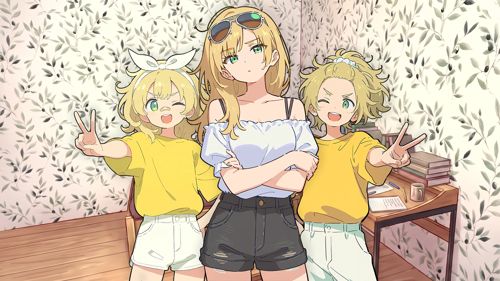 CONTEXT FOR THE IMAGE: Natalie looks annoyed, arms crossed. Julian and Liliana mirror each other on her side. They make silly poses: like showing peace signs with hand on hip, or rapidly change it into an akanbe/eyelid pull with mocking tongue out, then rinse and repeat. Twins both wear yellow tees tucked into white shorts. Natalie wears her usual outfit: white off-shoulder, black denim shorts, crocs since she's at home.