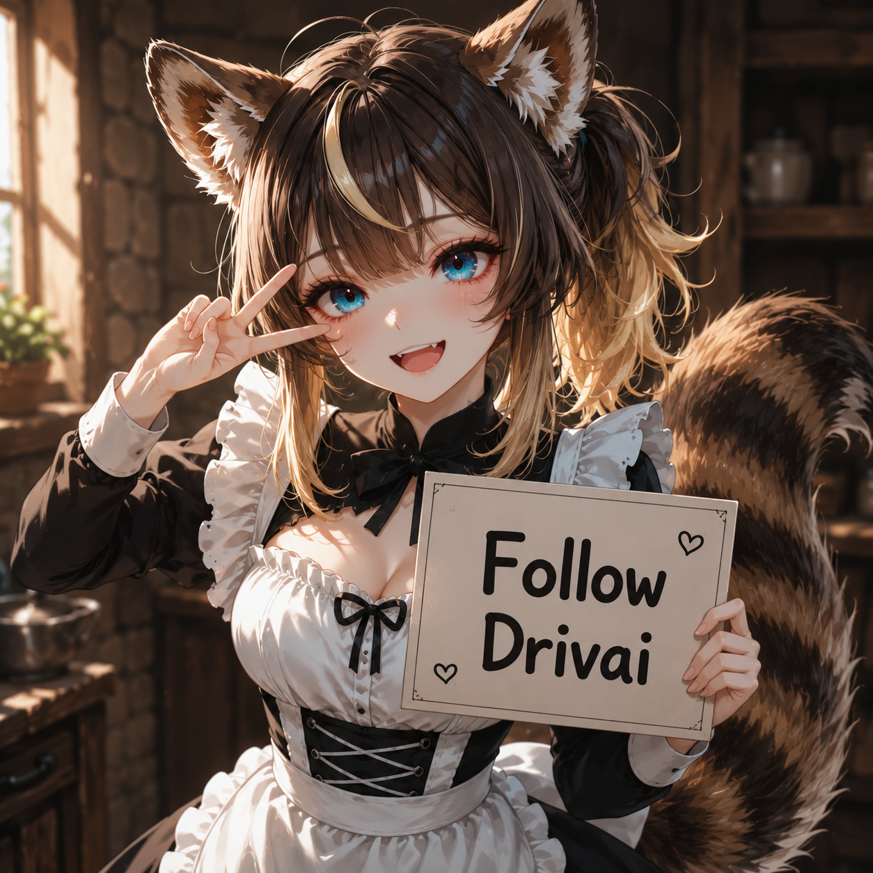Nana holding Follow Drivai sign