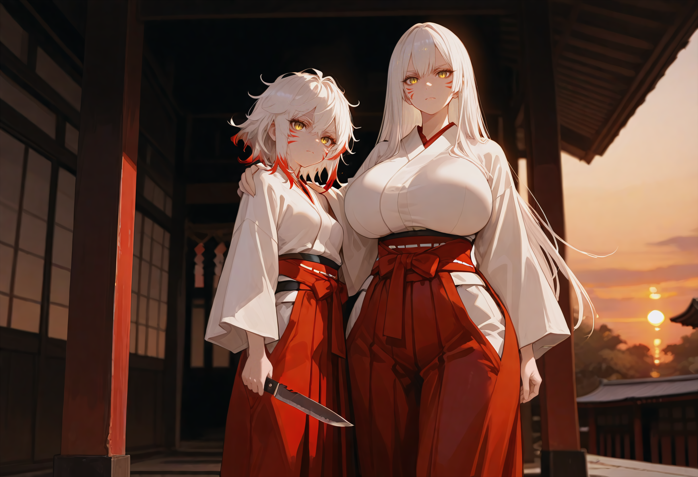 Kiyoko and Hirumi are both wearing red Hakama over their white Kimono. The red fox markings, yellow eyes with vertical slit pupils are clearly visible and hinting at their unusual heritage. Both are standing close to each other while Kiyoko is still holding the bloodied knife.