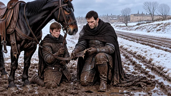 Voloshyem kneeling in winter mud to inspect a broken girth strap