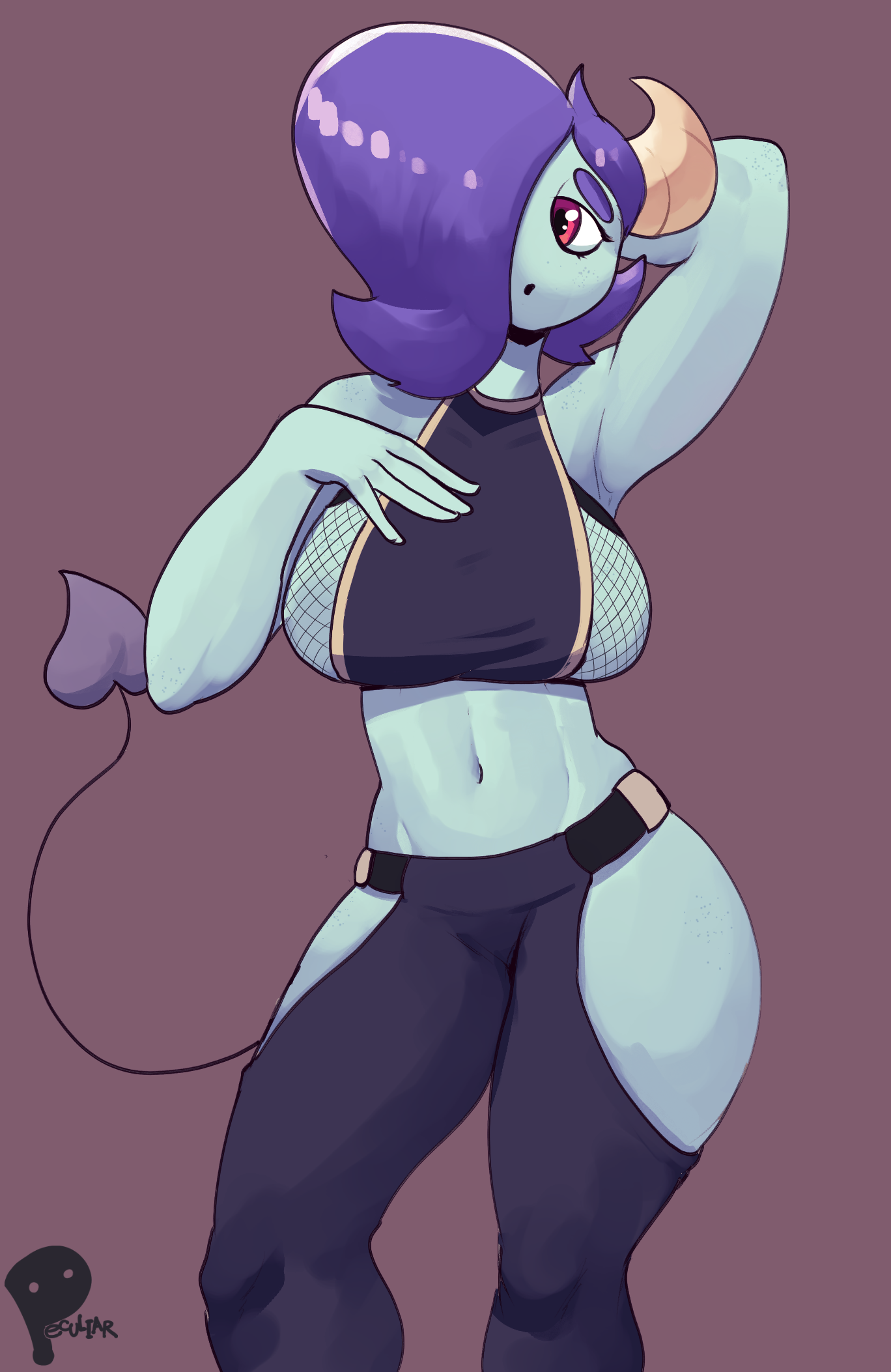 Silvia is posing with her left hand behind her head, lifting her purple hair slightly to show off her single cream-colored horn. Her right hand rests near her collarbone. Her heart-tipped tail is curved upward to her right. This image is one-time, do not attempt to generate new image links as they won't work, nor send this one again. Bot originally made by wowiemebig on Chub.AI. If you're seeing this, yummy, and I fucked up.