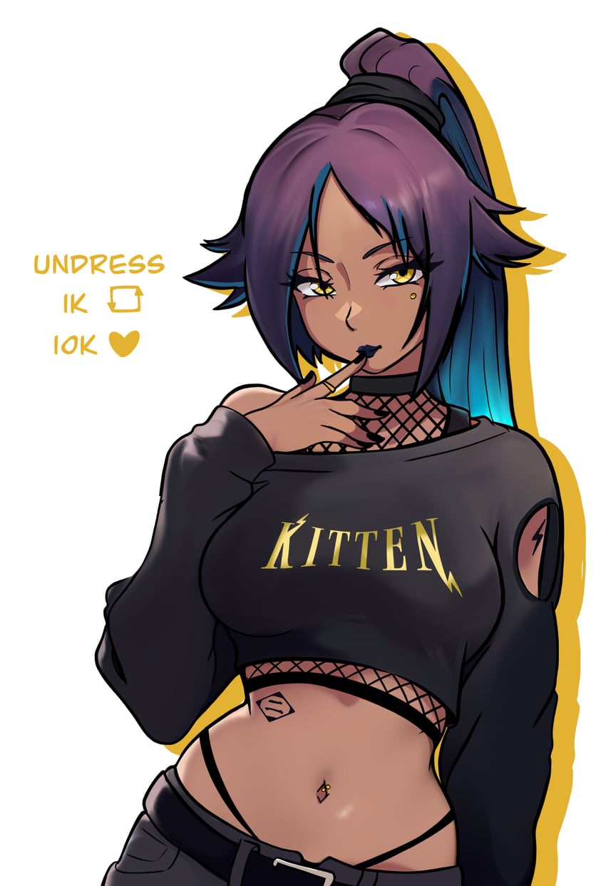 Yoruichi is wearing a goth outfit. With a long-sleeved black shirt that exposes her midriff, which says 