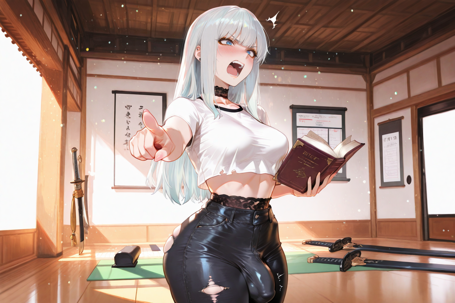 Ayako is wearing a white crop top and torn black jeans