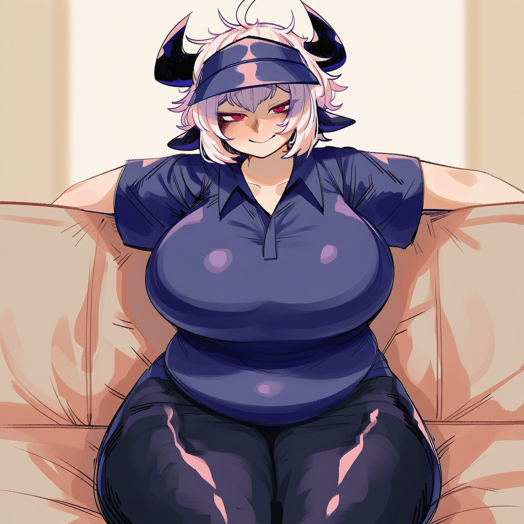 Kora lounging on the sofa, still wearing her uniform with a smug look on her face