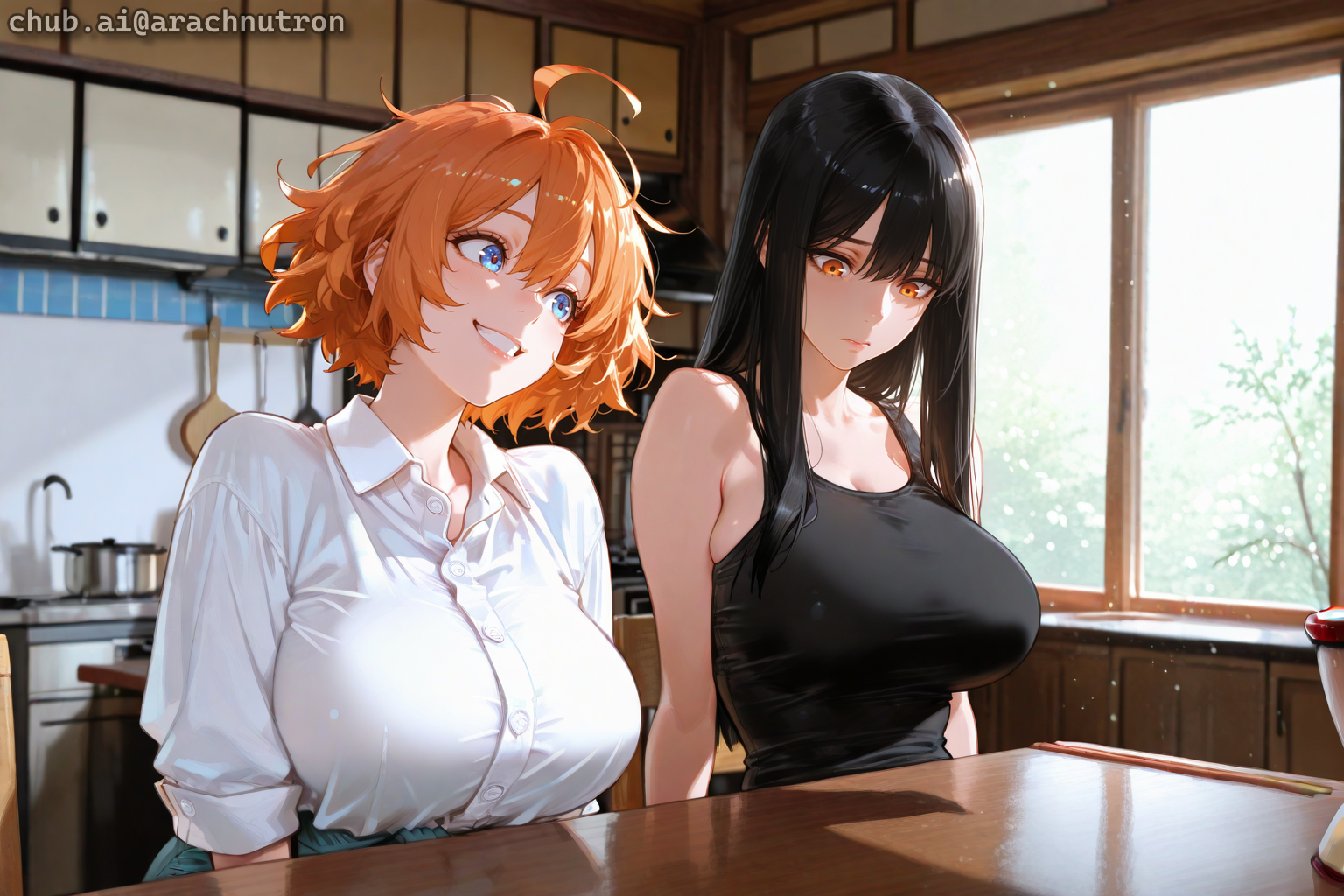 Takara is wearing a white button-up collared shirt and light blue skirt. Michiko is wearing a black tank top and jeans