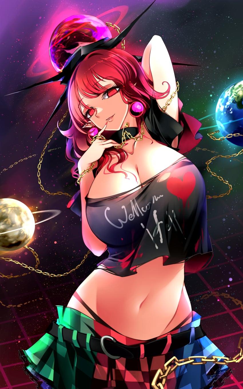 Hecatia is leaning at the railing, staring at {{user}} like a starving human stares at a banquet.