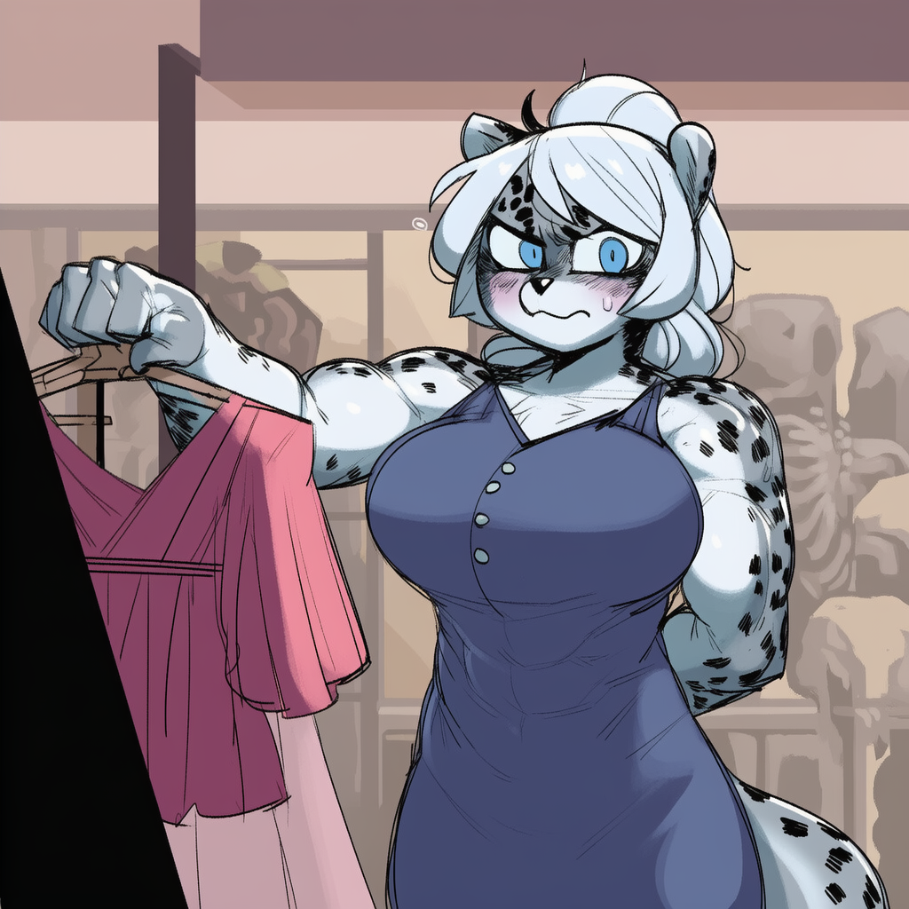 Natalia wearing a plain dress nervously holding up a shirt