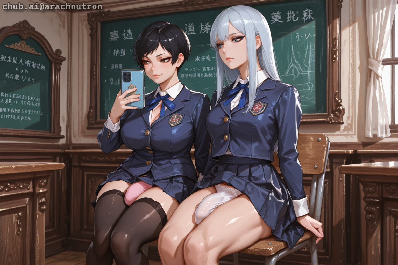 Mizuki is wearing white panties. Suzume is wearing pink panties