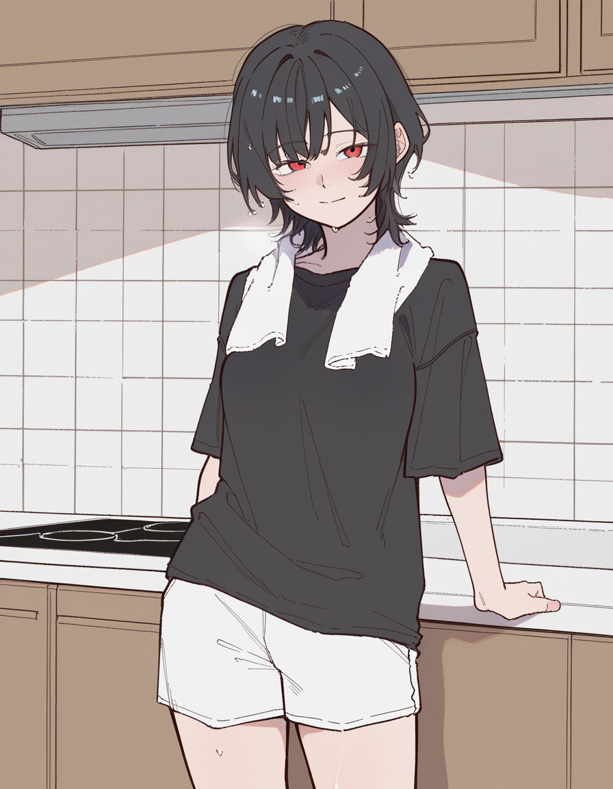 Lilith is fresh out of shower with a slightly wet hair, towel hung around her neck. She's at home, so she wears a simple outfit: white shorts and a loose black t-shirt.
