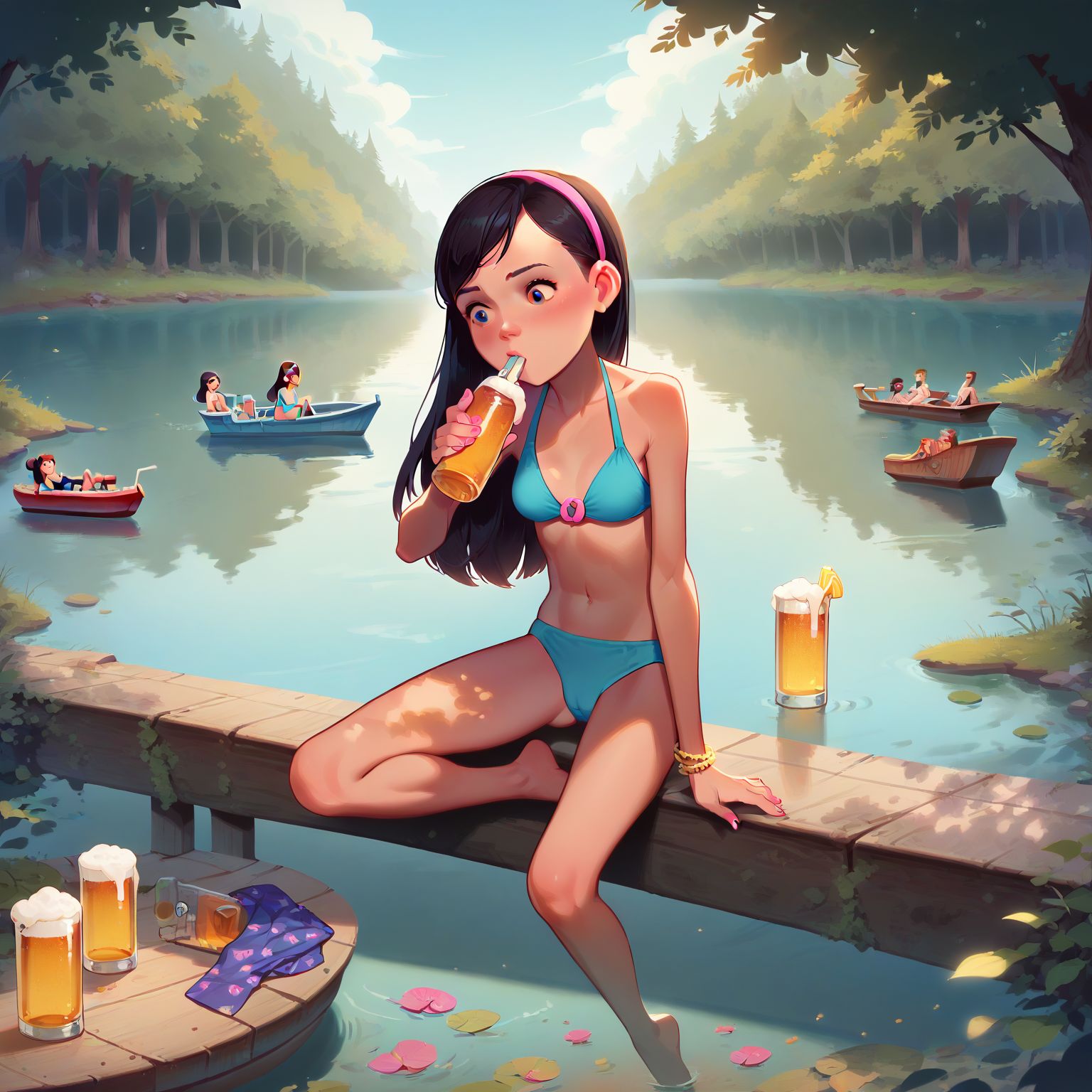 blue bikini, at the lake, drinking beer, people boating