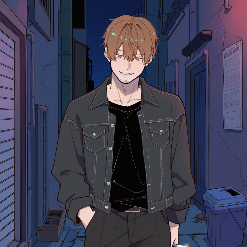 Larry is holding a cig in his hand. He wears an all dark outfit, consisting of a denim jacket, t-shirt and pants.