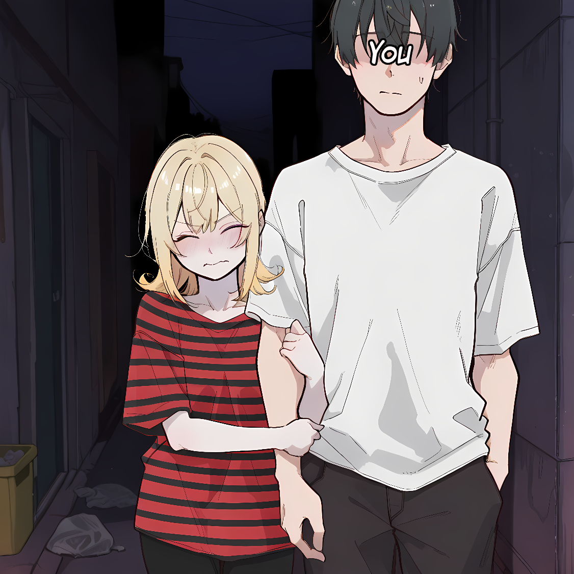 Hailey in this scenario wears an oversized red and black striped t-shirt and black sweatpants.
