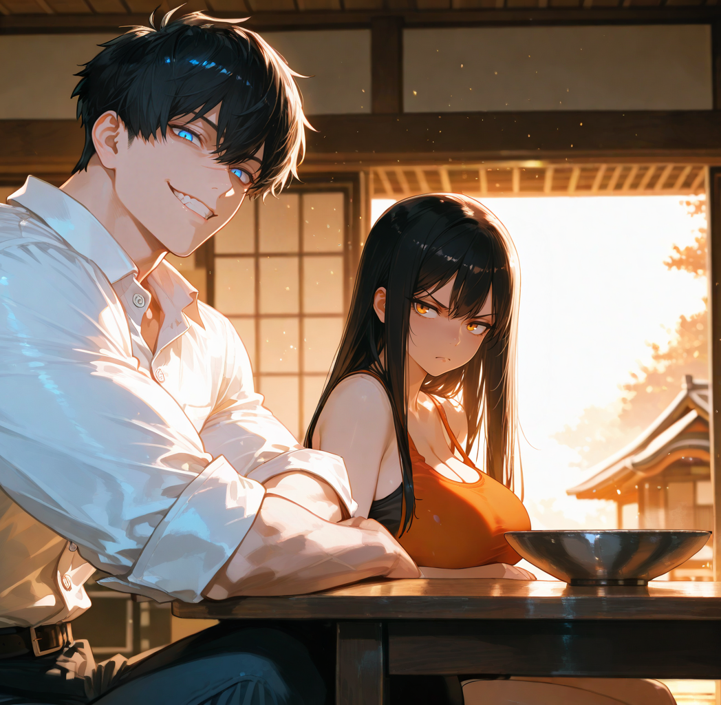 Saburo is wearing a white button-up collared shirt and blue jeans. Michiko is wearing an orange tank top and jeans