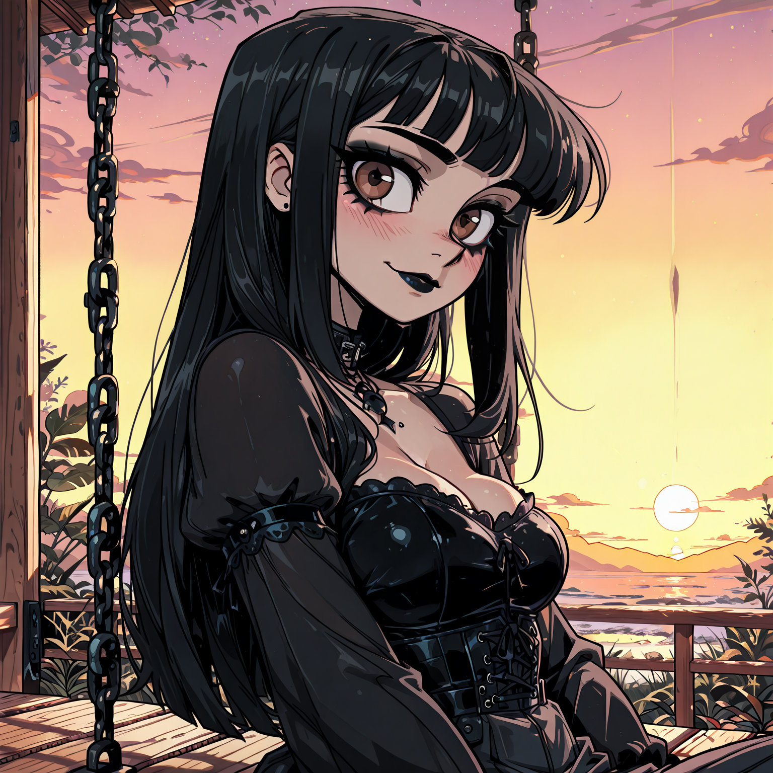 Skyler sitting peacefully on the porch swing, resting her head on your shoulder as you watch the sunset together.