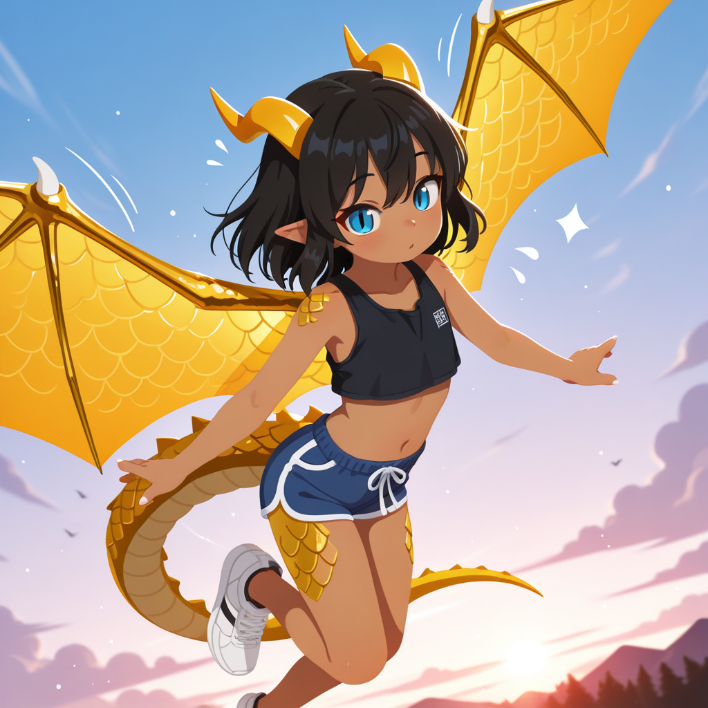 Aureus is wearing: Black crop top, blue gym shorts, and white sneakers.