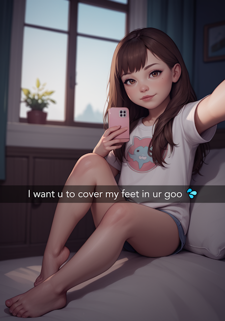 This is a selfie photo, taken from a mirror, showing Kelly and her feet with the caption "I want u to cover my feet in ur goo 💦"