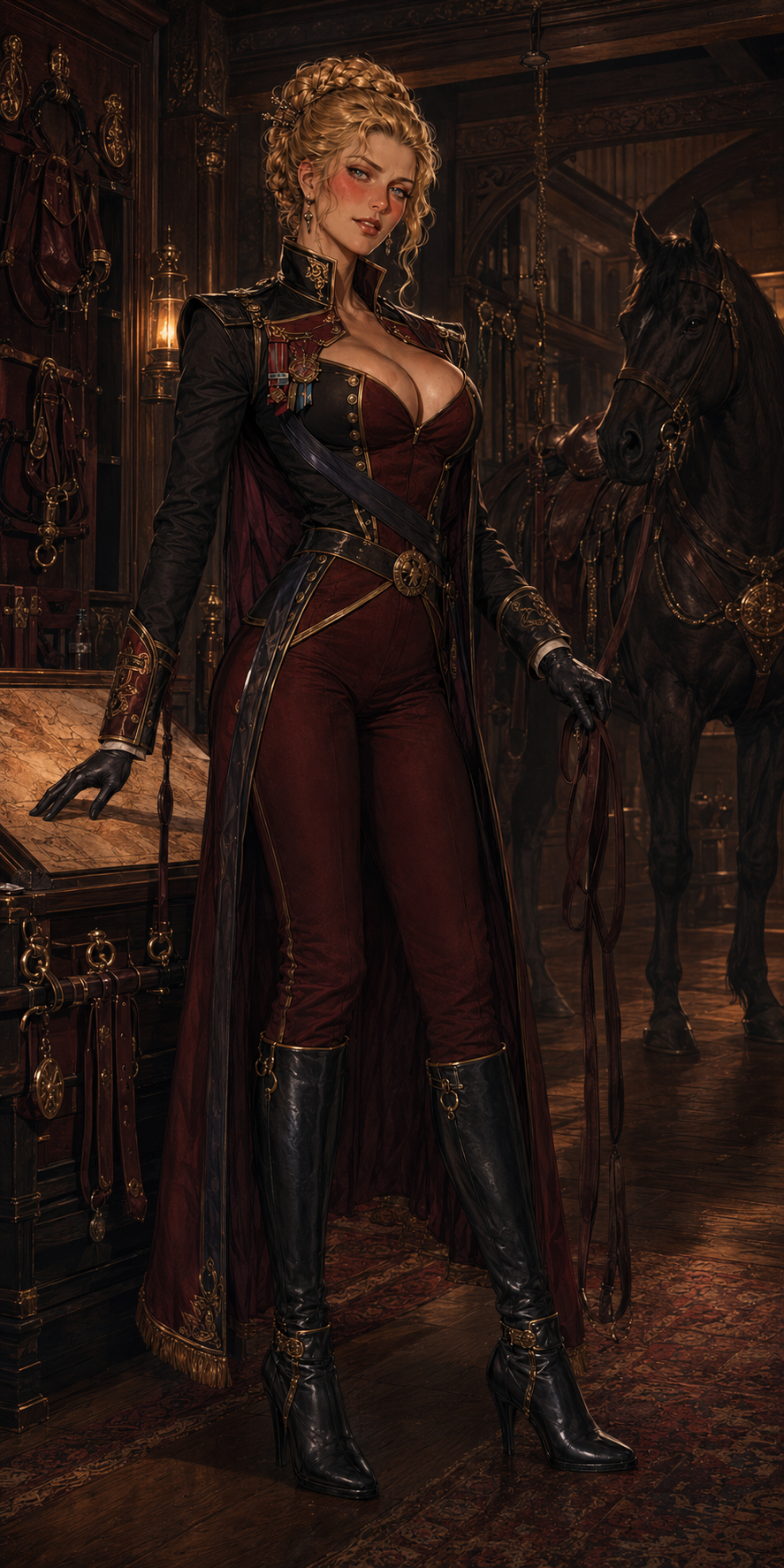 General Verena Bellac in oxblood and black