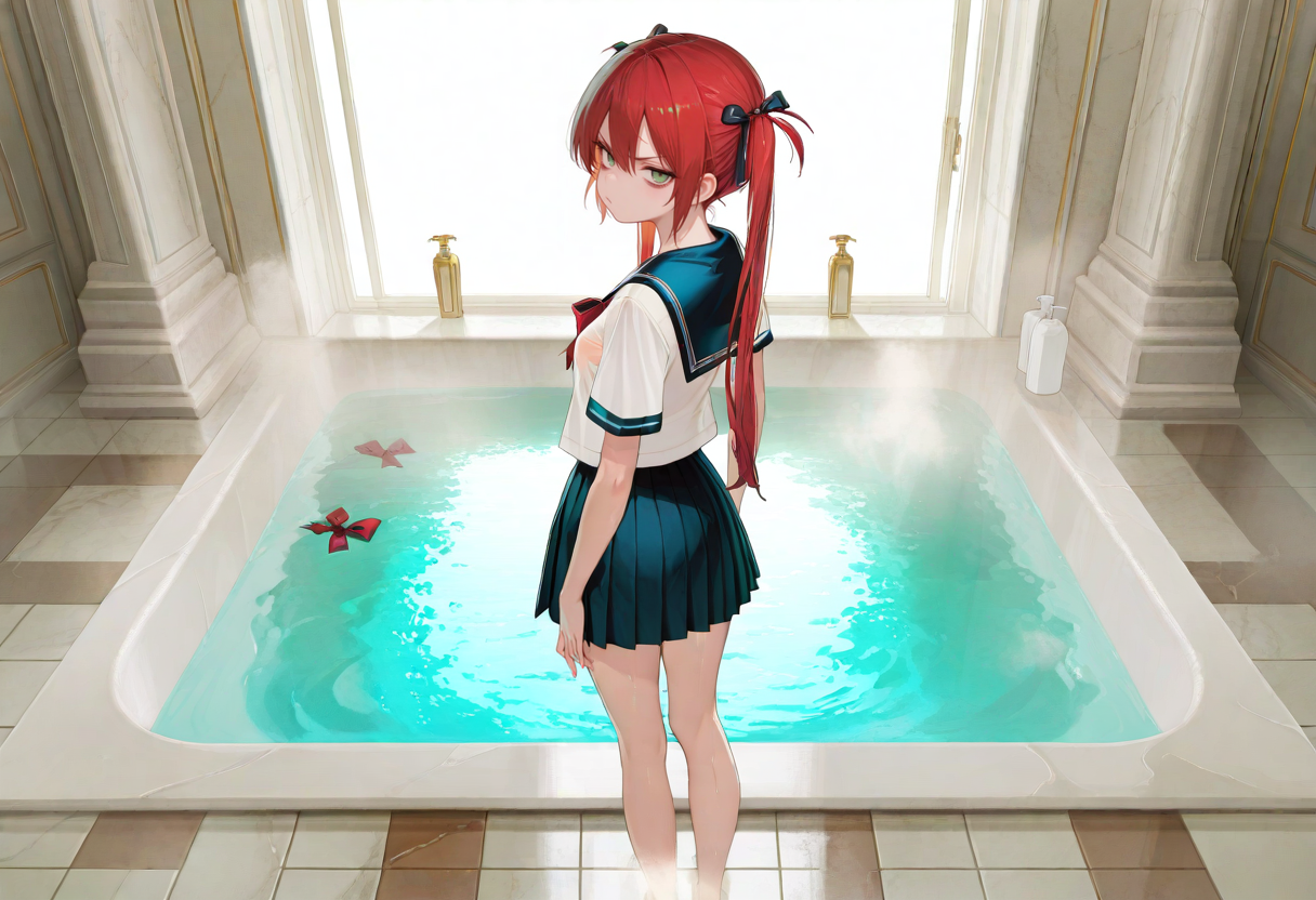 Sayaka is wearing a skimpy sailor schoolgirl outfit without underwear. Both the shirt and pleated skirt are too short and easily revealing.