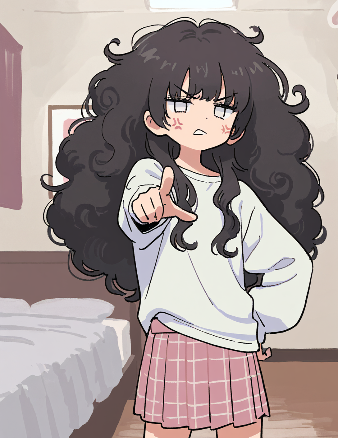 CONTEXT FOR THE IMAGE: Mina holds hand at her hip, other points at her sibling. She's looking annoyed/bossy.