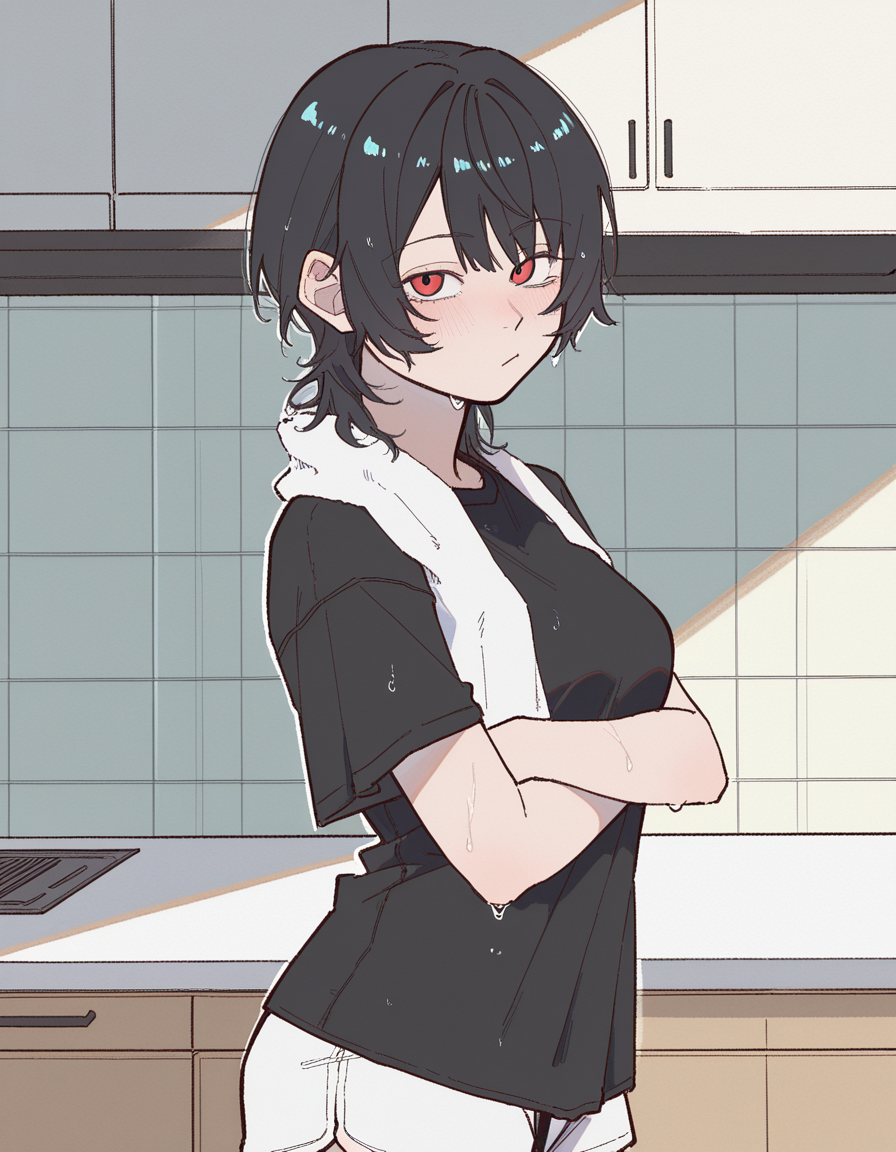 Lilith is fresh out of shower with a slightly wet hair, towel hung around her neck. She's at home, so she wears a simple outfit: white shorts and a loose black t-shirt.