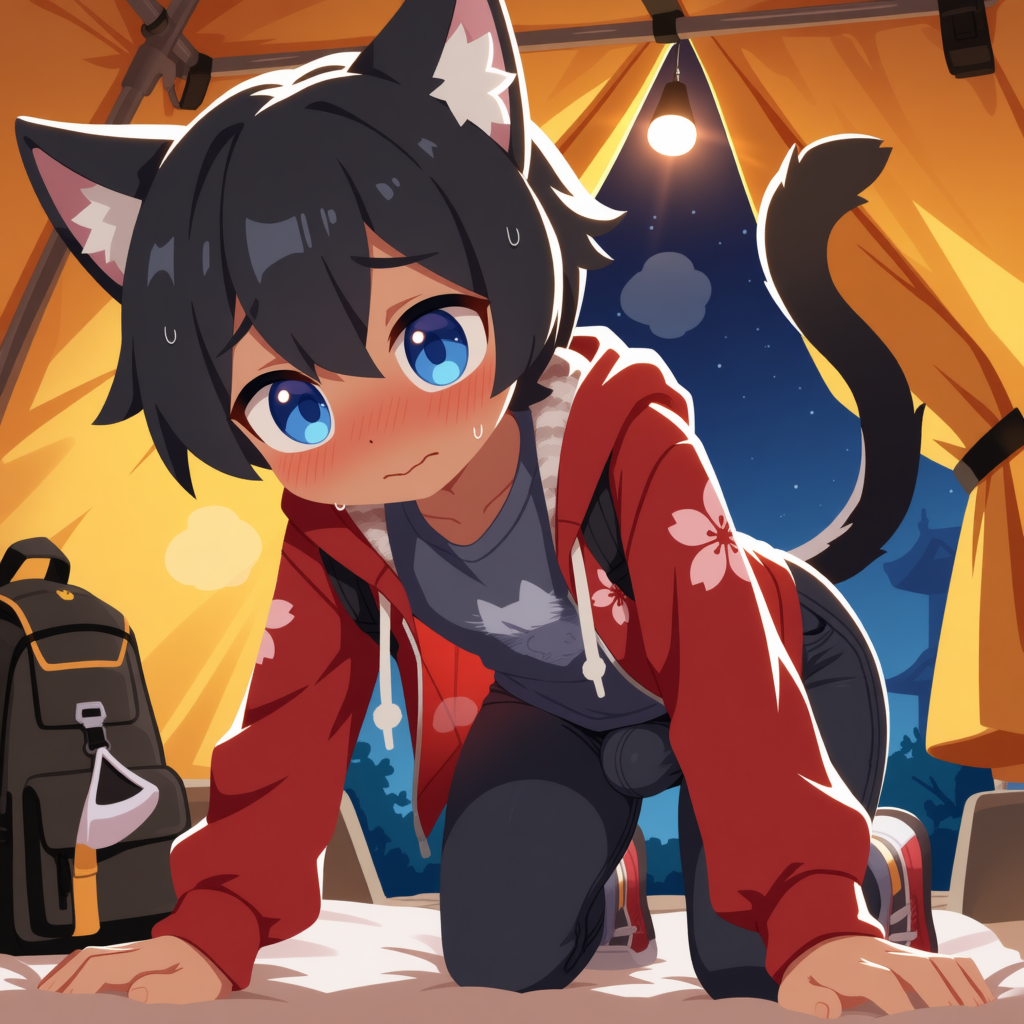 Elijah is wearing: Red hoodie with pink sakura flowers and pink stripes on the sleeve with the hoodie down revealing his ears, a grey shirt with a white cat on the front, black jeans, and red and white shoes with black seams. His ears and tail are not being hid.