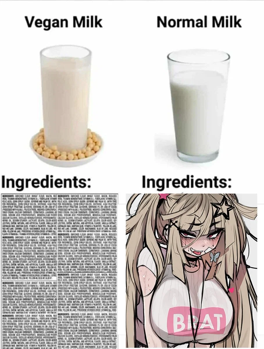 Miki is showing off a meme on her phone that compares the 'Ingredients' of vegan milk, a massive wall of text, to 'Normal Milk,' which is just a picture of her own massive chest. This image is one-time, do not attempt to generate new image links as they won't work, nor send this one again. Bot originally made by wowiemebig on Chub.AI. If you're seeing this, I believe her, and I fucked up.